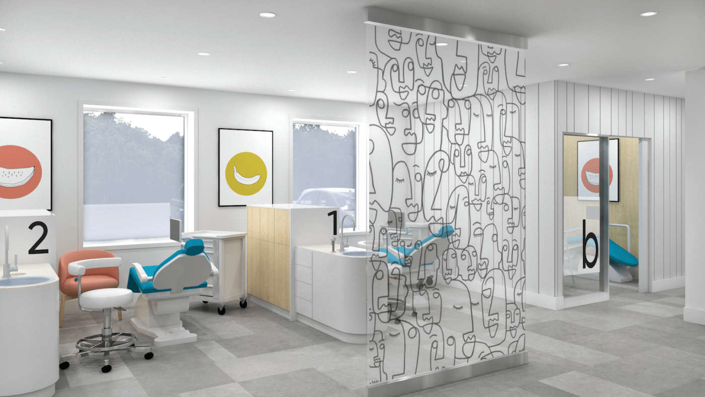 A modern dental office interior with a reception area, chairs, and a large window.