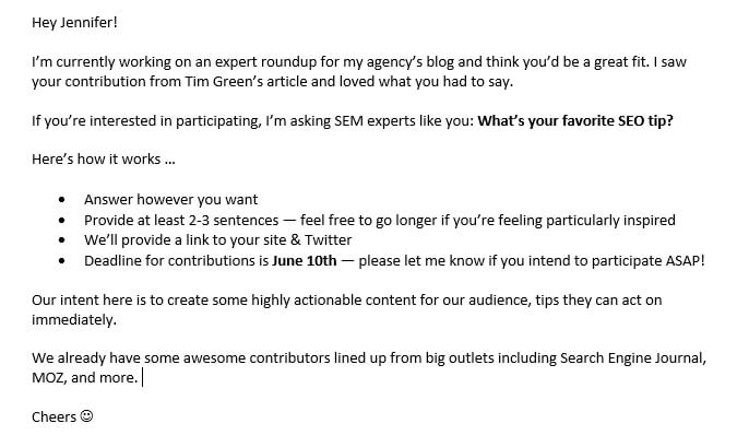 Example email for messaging influencers