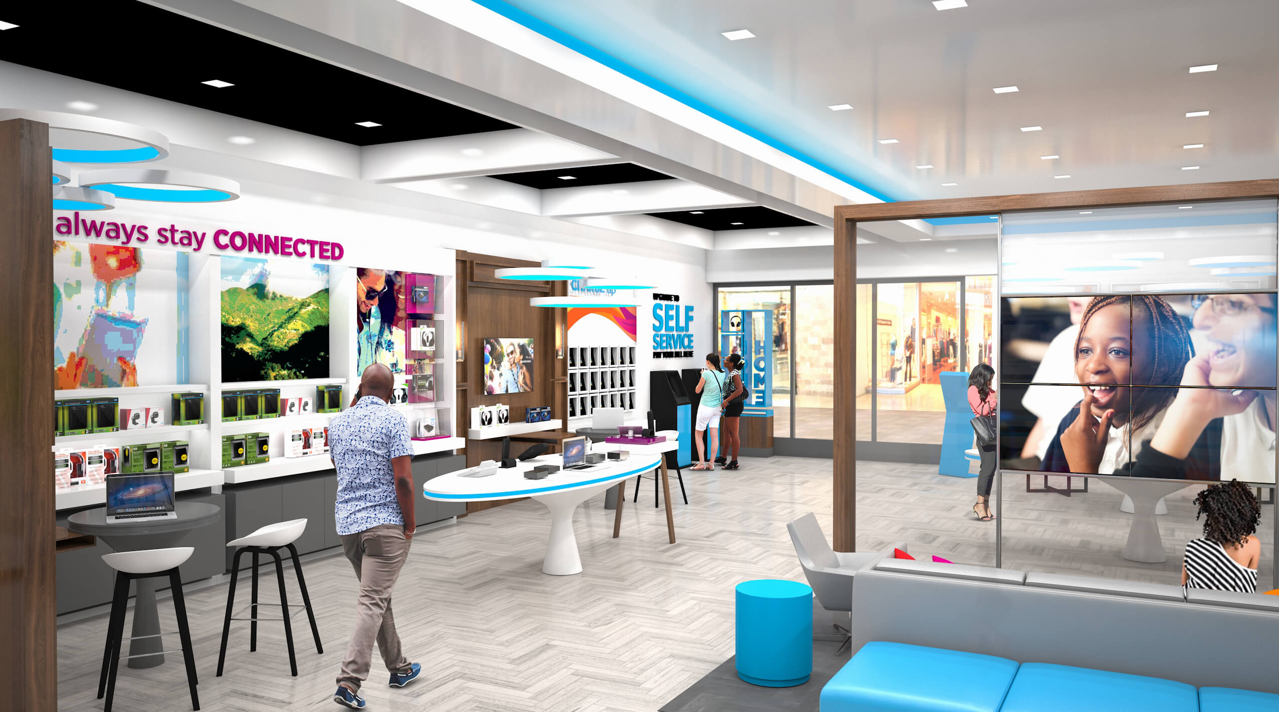 A modern store interior with people shopping, colorful displays, and a large screen displaying products.