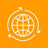 An orange circular icon with a white globe at the center, surrounded by three arrows pointing in different directions, symbolizing global…