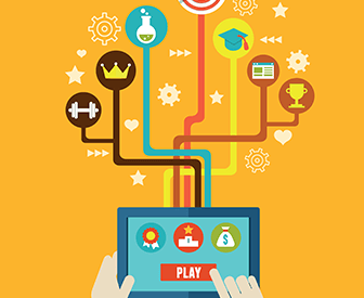 A tablet displaying a colorful webpage with various icons representing different activities, such as education, healt…