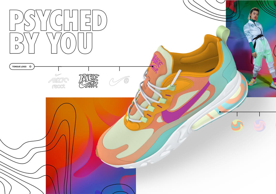A colorful sneaker on display, surrounded by a vibrant collage featuring various images and texts.