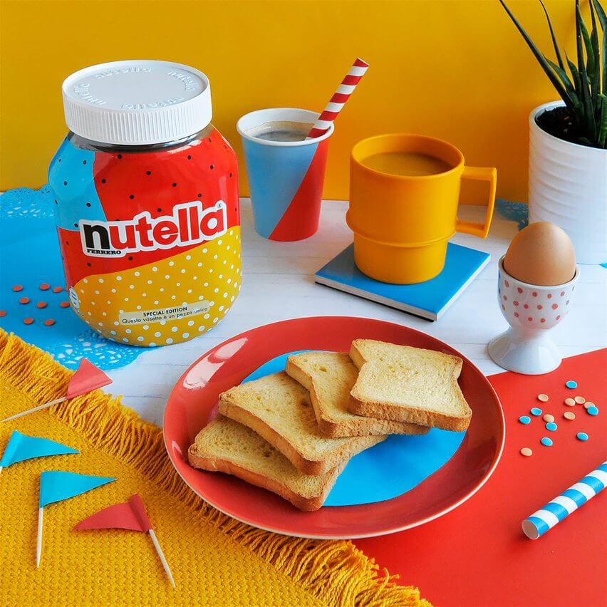 A colorful breakfast scene featuring Nutella, toast, a cup of coffee, and a jar of Nutella on a table.