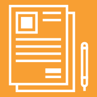 An icon of a stack of papers, a pen, and a clipboard on a white background.