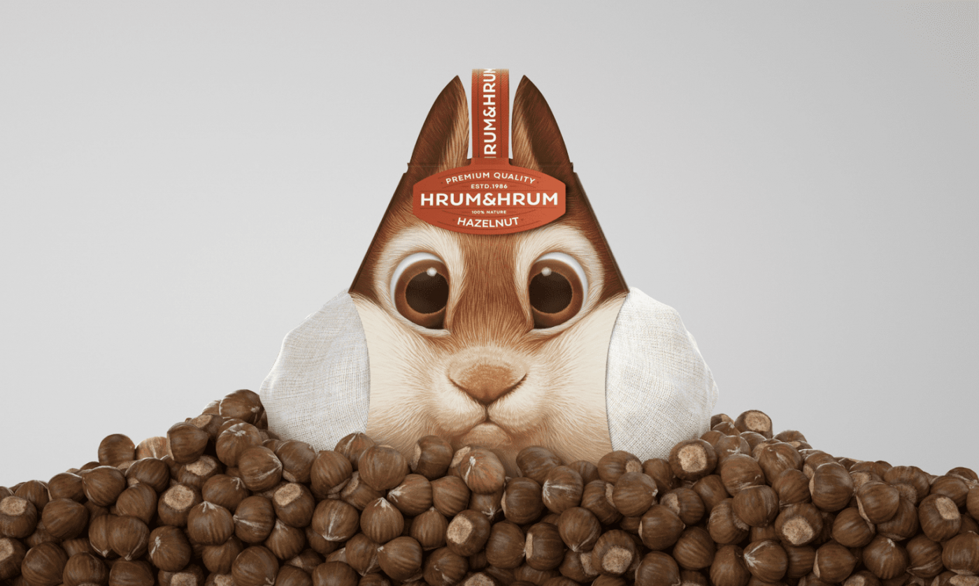 An advertisement featuring a cartoon bunny peeking out from behind a pile of chocolate-covered nuts, with the text