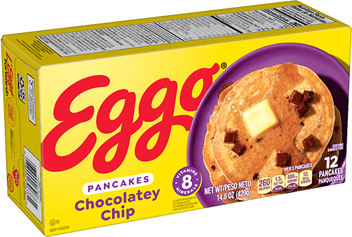 A box of Eggo chocolate chip pancakes on a table.