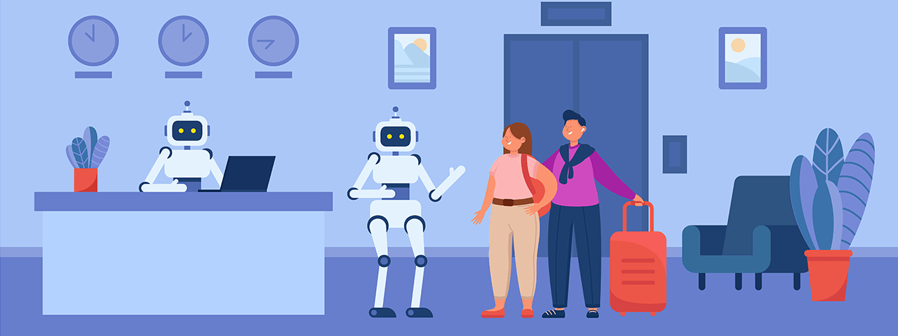 A digital illustration of a futuristic scene featuring two humans, robots, and a space-themed interior design.