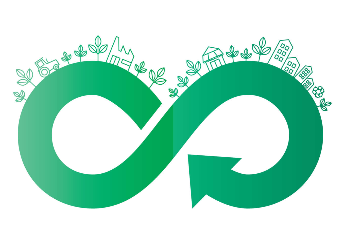 A logo that combines the recycling symbol with an eco-friendly design, featuring a green plant, a house, and a tree,…