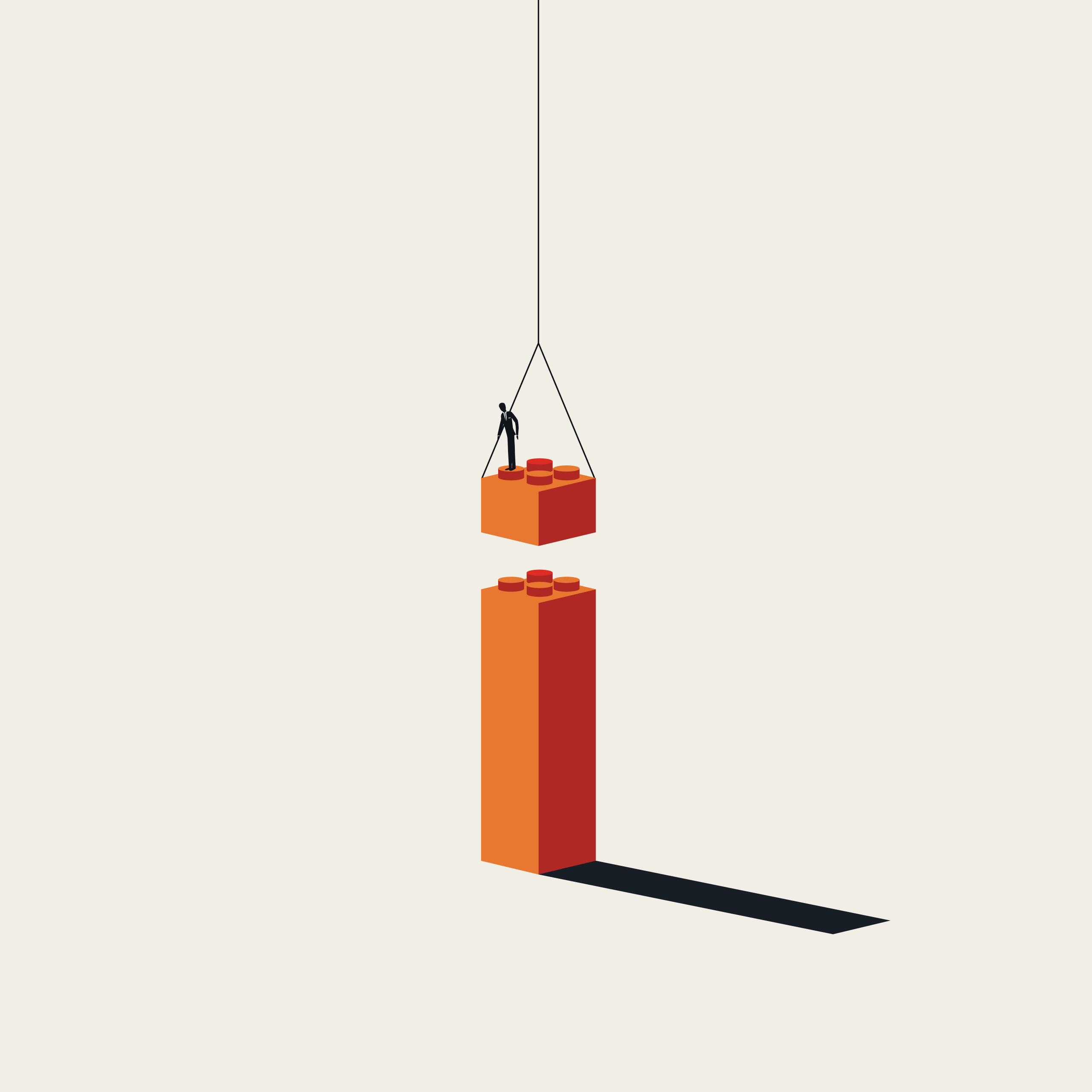 A person hanging from a crane lifting two red blocks.