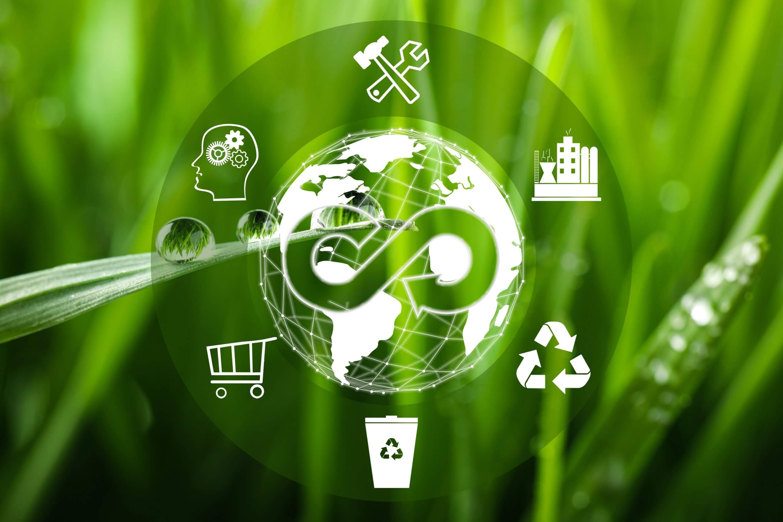 Green grass with a water droplet on it, overlaid with various icons related to environmental themes such as recycling…
