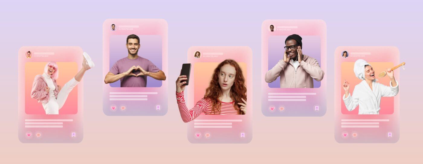 An image of a social media post featuring a collection of six square cards, each depicting a different person in various poses, against a pink…