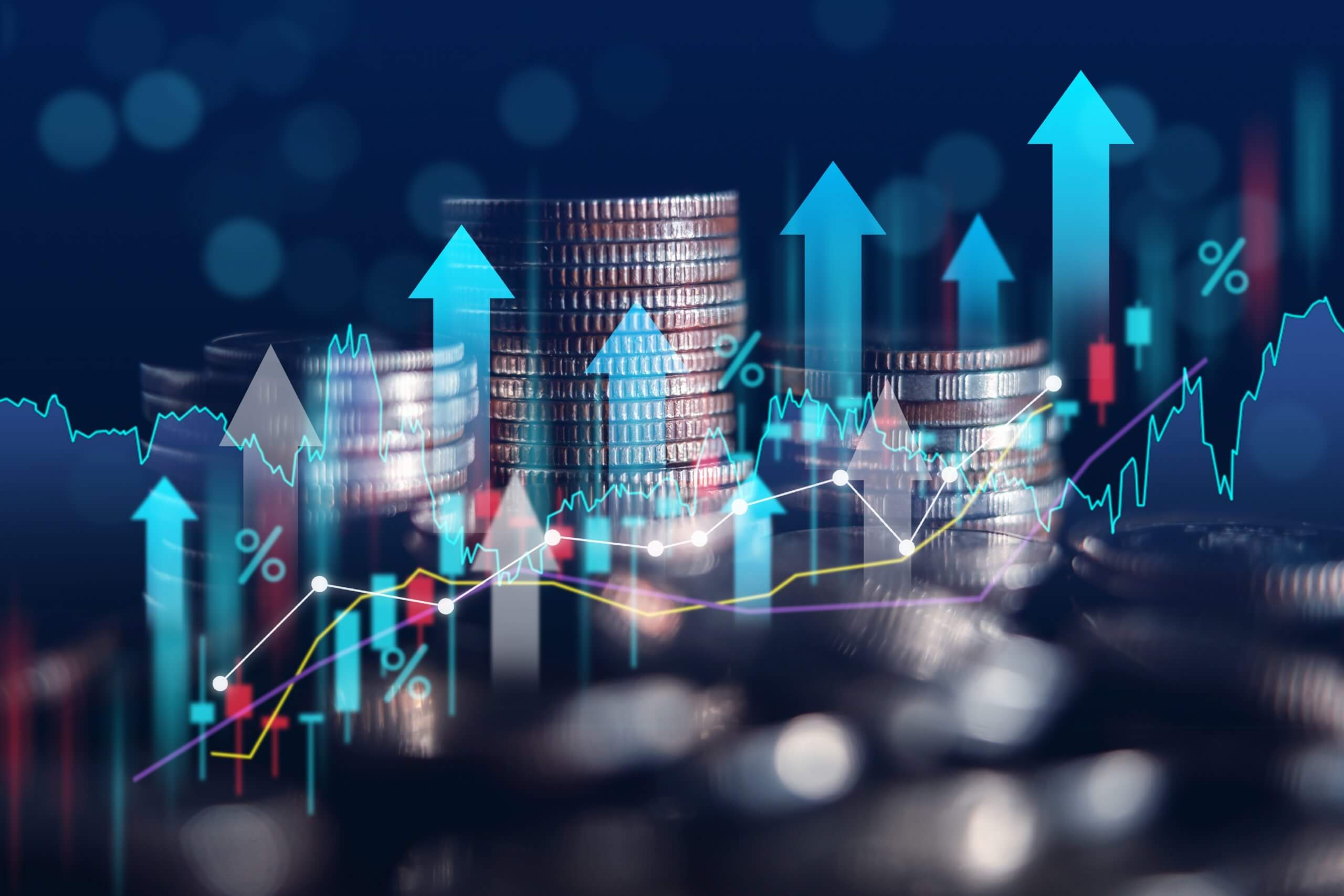 A digital display of financial data, including currency symbols, graphs, and charts, suggesting economic analysis or market trends.