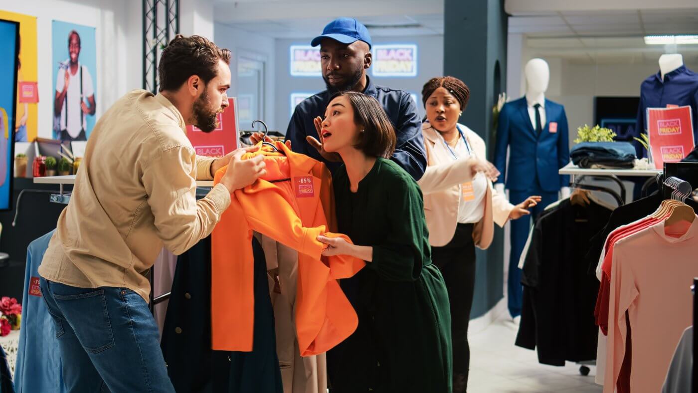 A man and woman shopping for clothes in a store.