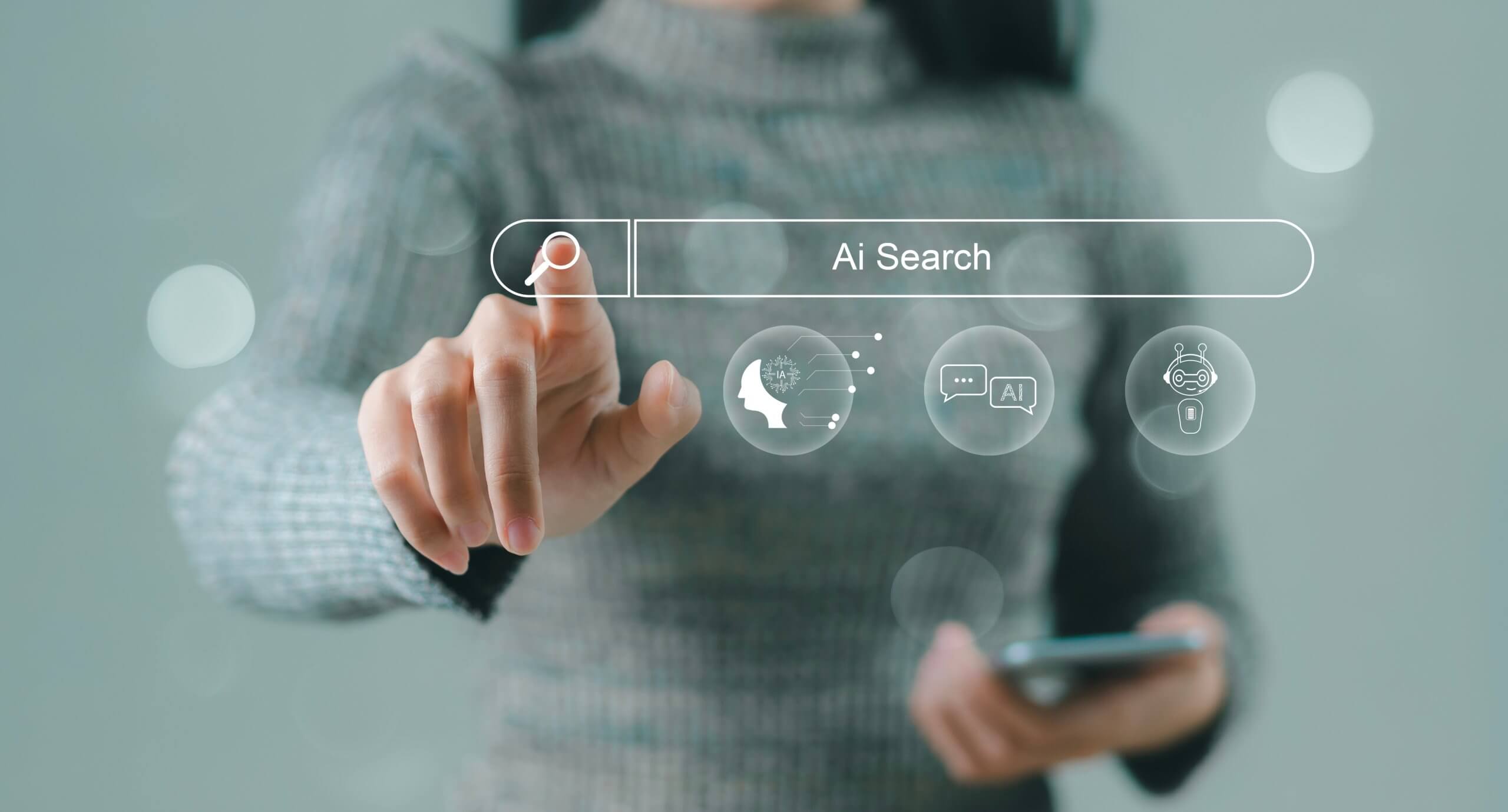A woman pressing a button on her phone. The screen displays a search bar with the word