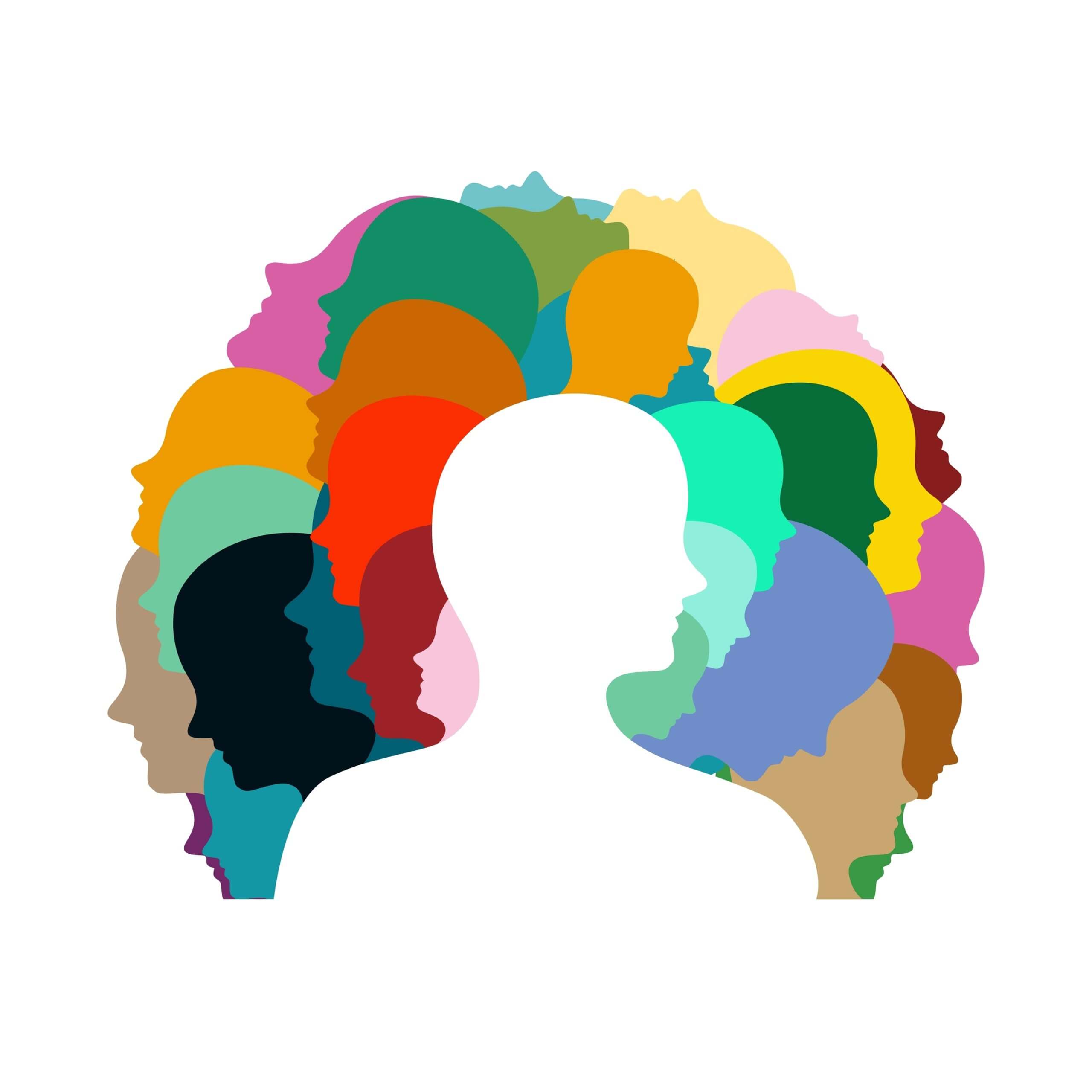A colorful illustration of a human head surrounded by various colored silhouettes of people's heads, forming a circle around it.