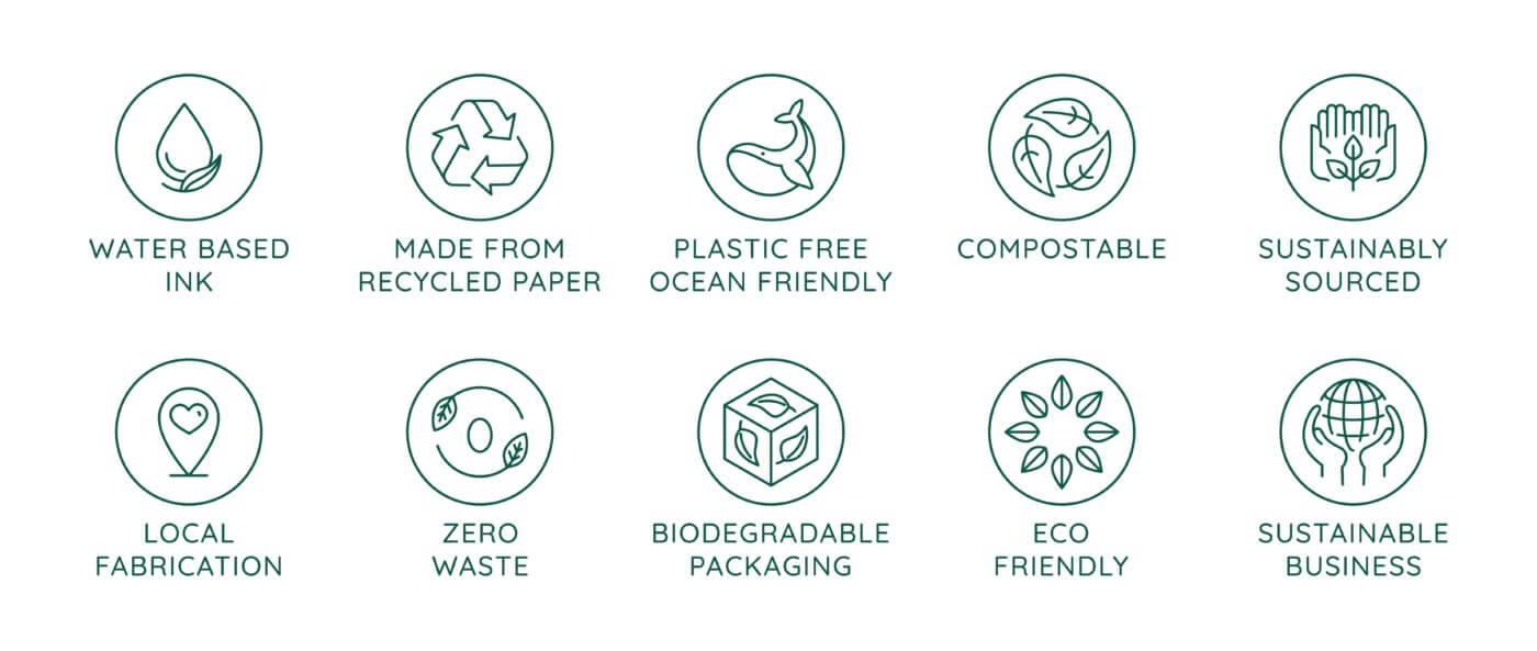 The image displays a collection of circular icons, each representing a different environmental sustainability concept such as recycling, water…