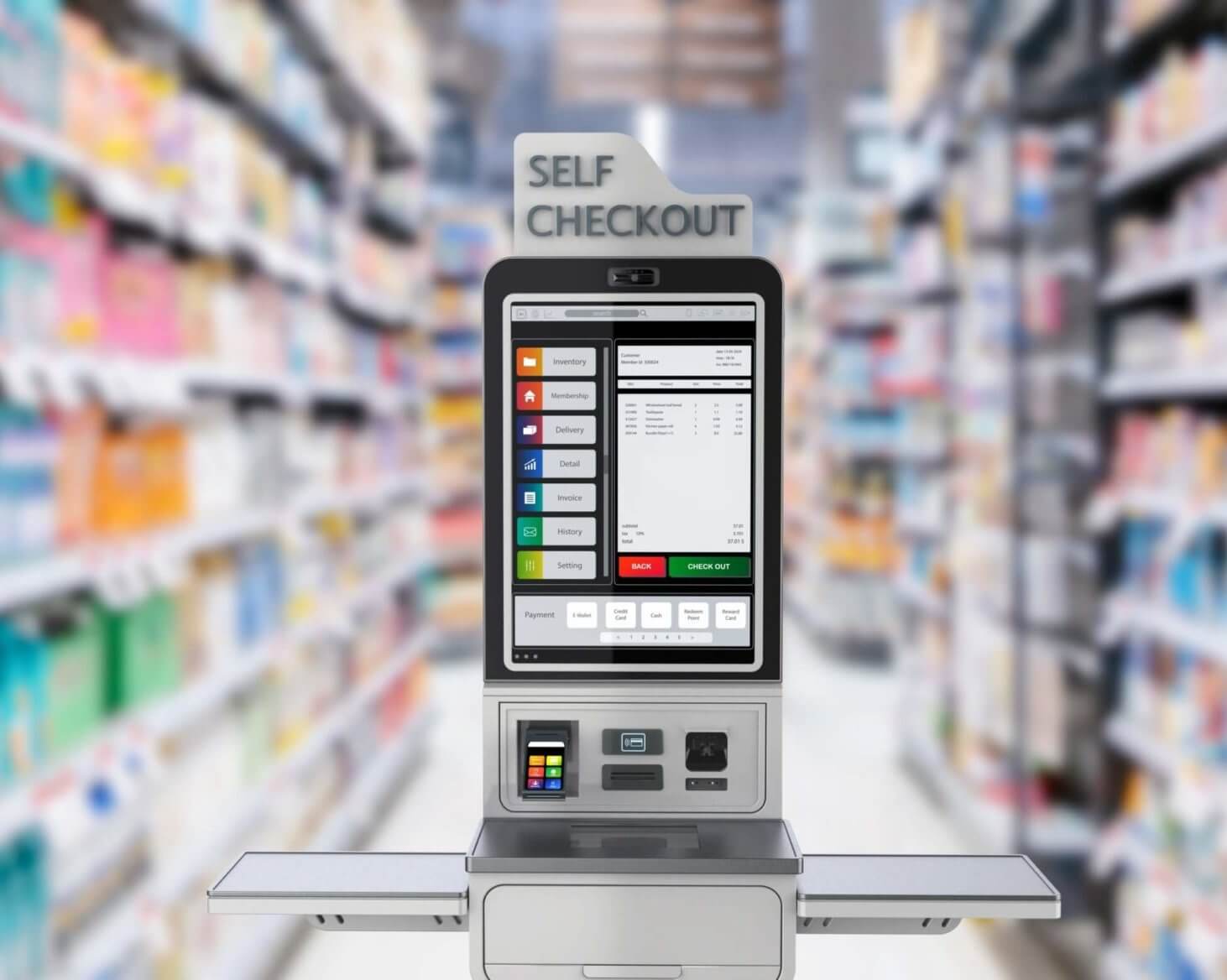 Self checkout kiosk in a grocery store.
