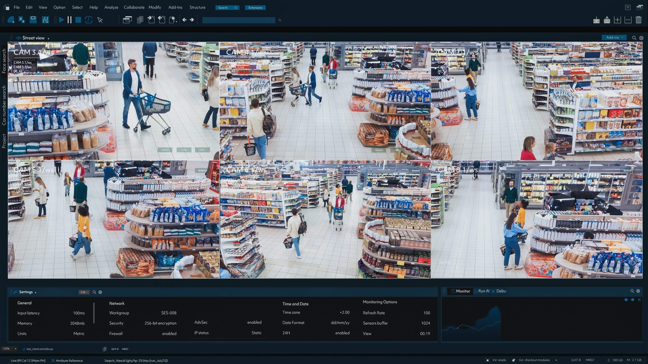 A computer screen displaying multiple security camera feeds from a store, showing various people shopping and interacting in the store.