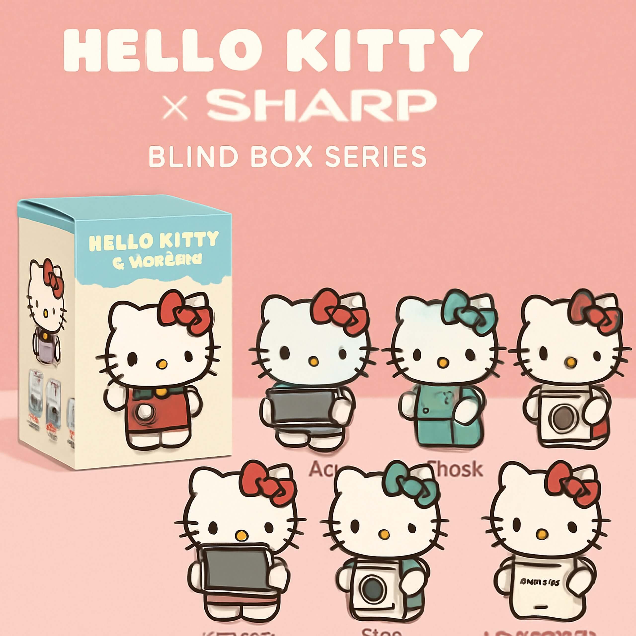 A collection of Hello Kitty blind box series figures, including a variety of outfits and accessories, displayed in a grid format against a pink…