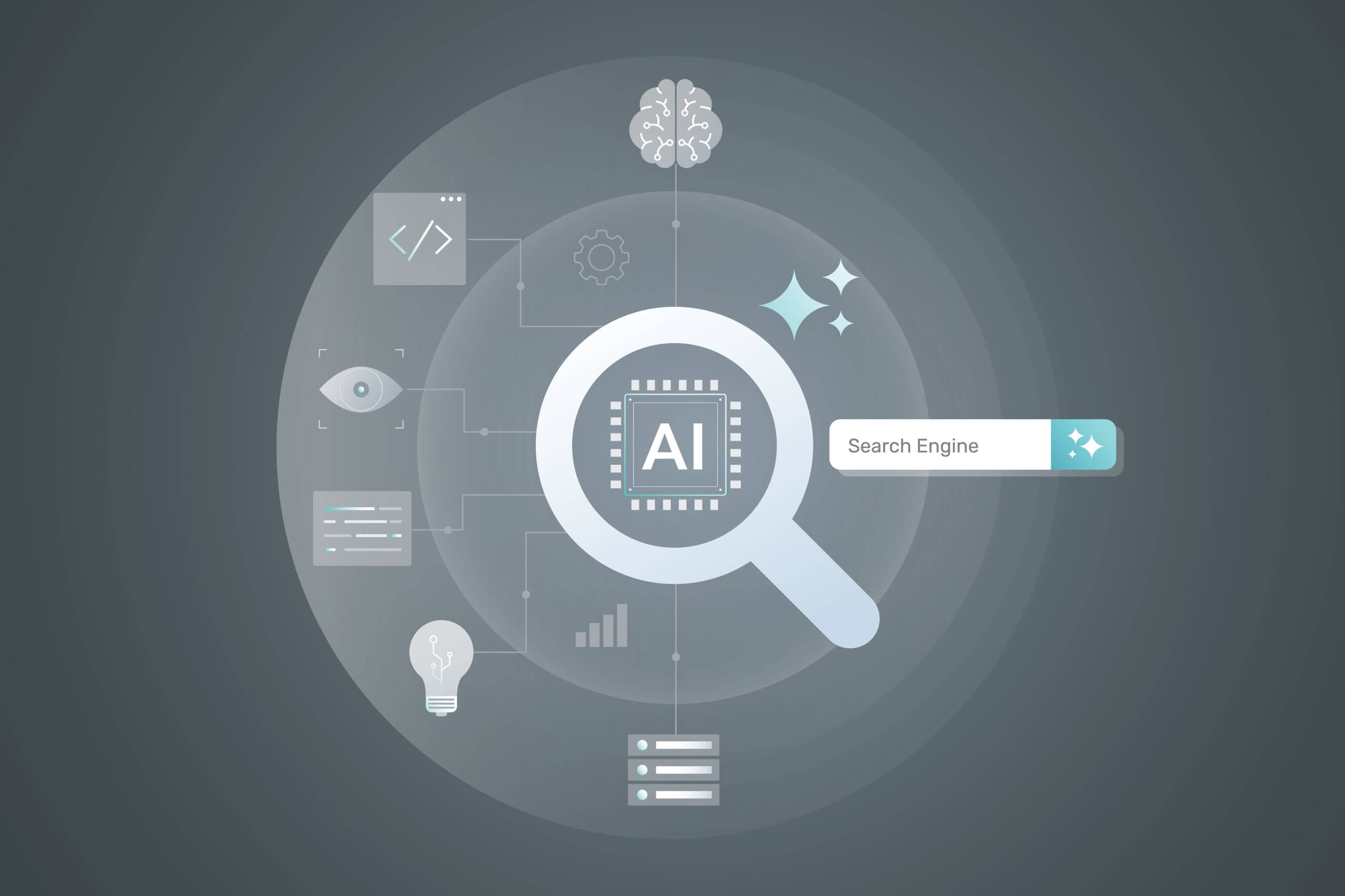 An illustration of a search engine interface with the word