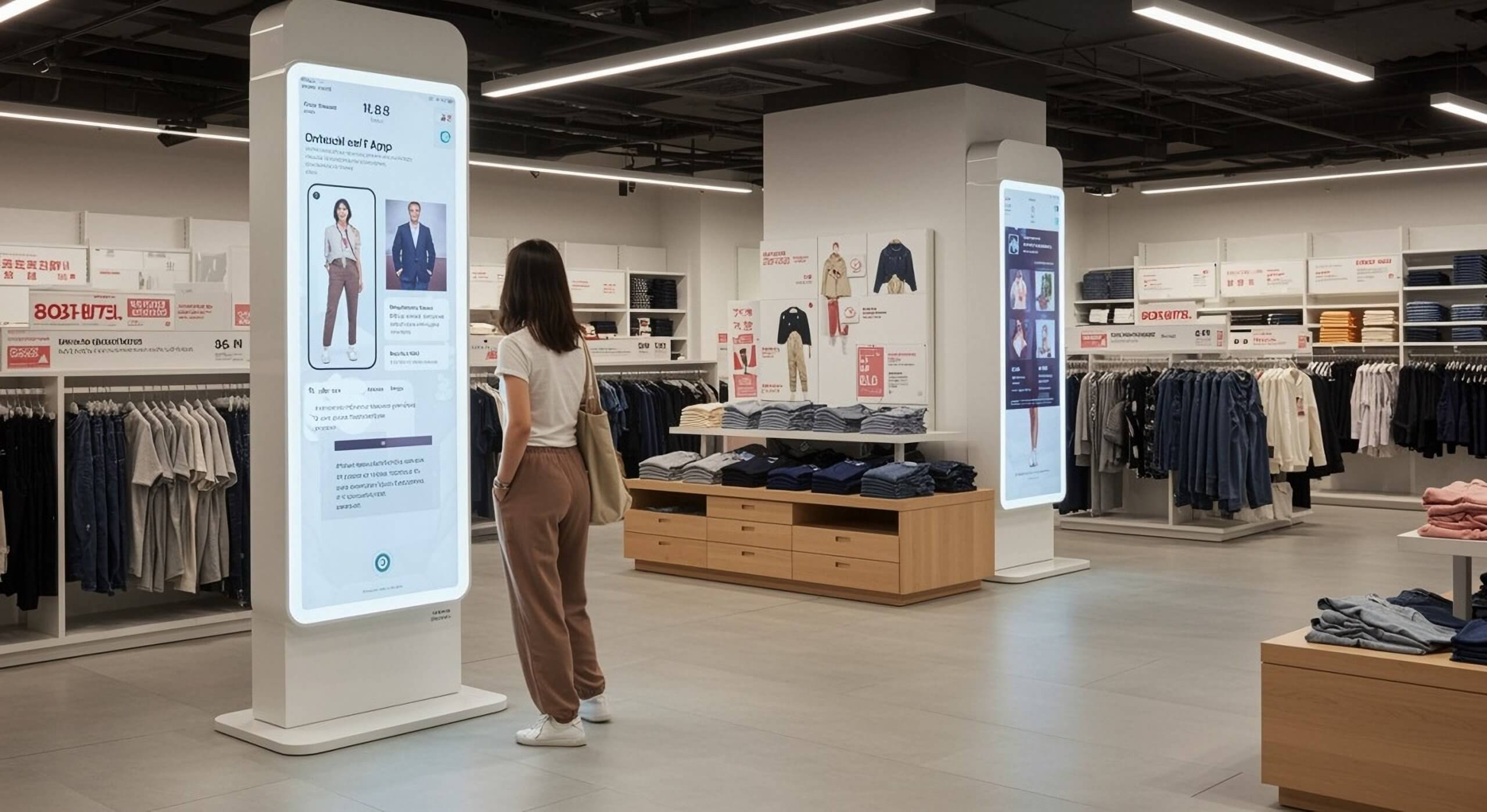 A woman standing in front of a store display, looking at clothes on hangers.