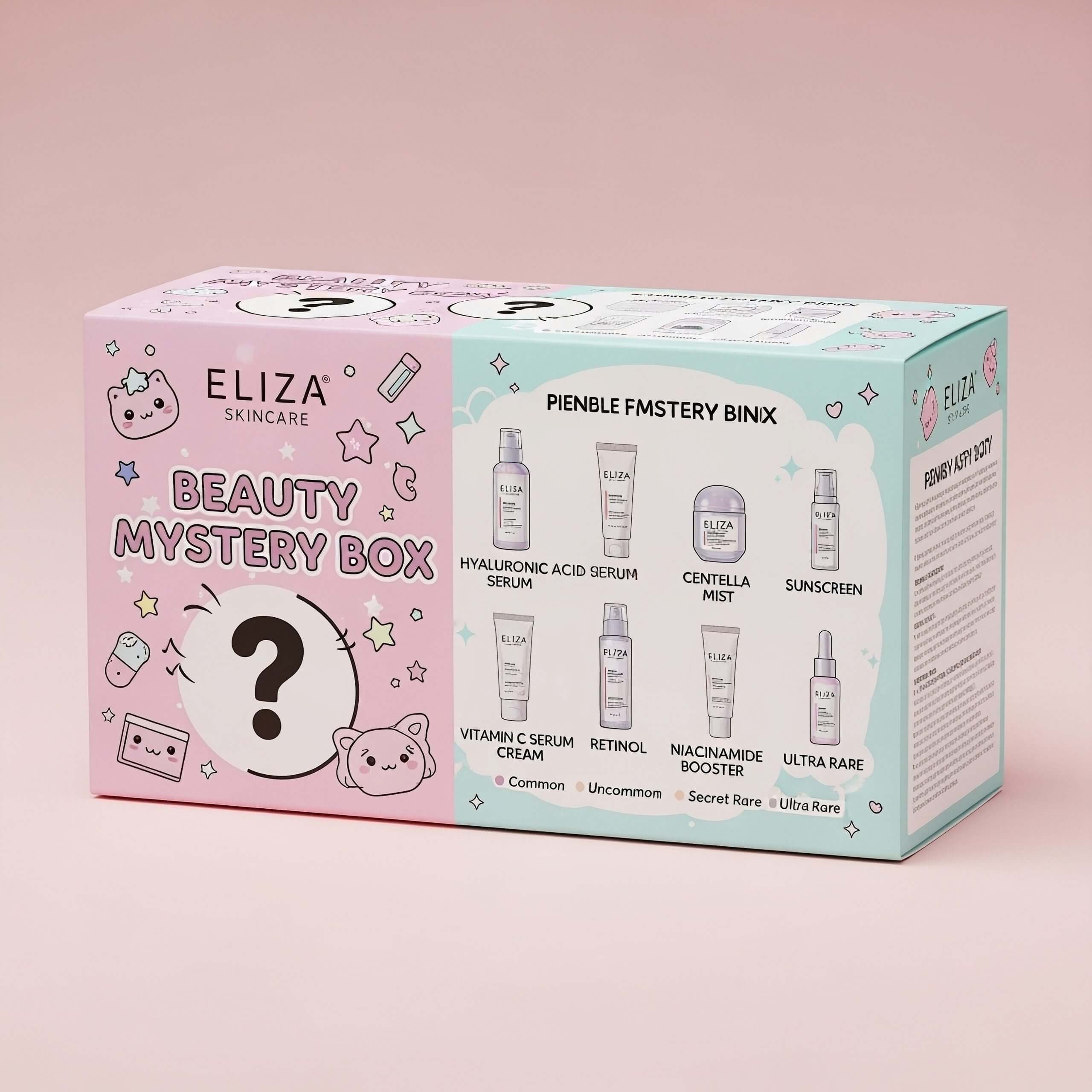A box of beauty mystery items, including skincare products, displayed on a pink background.