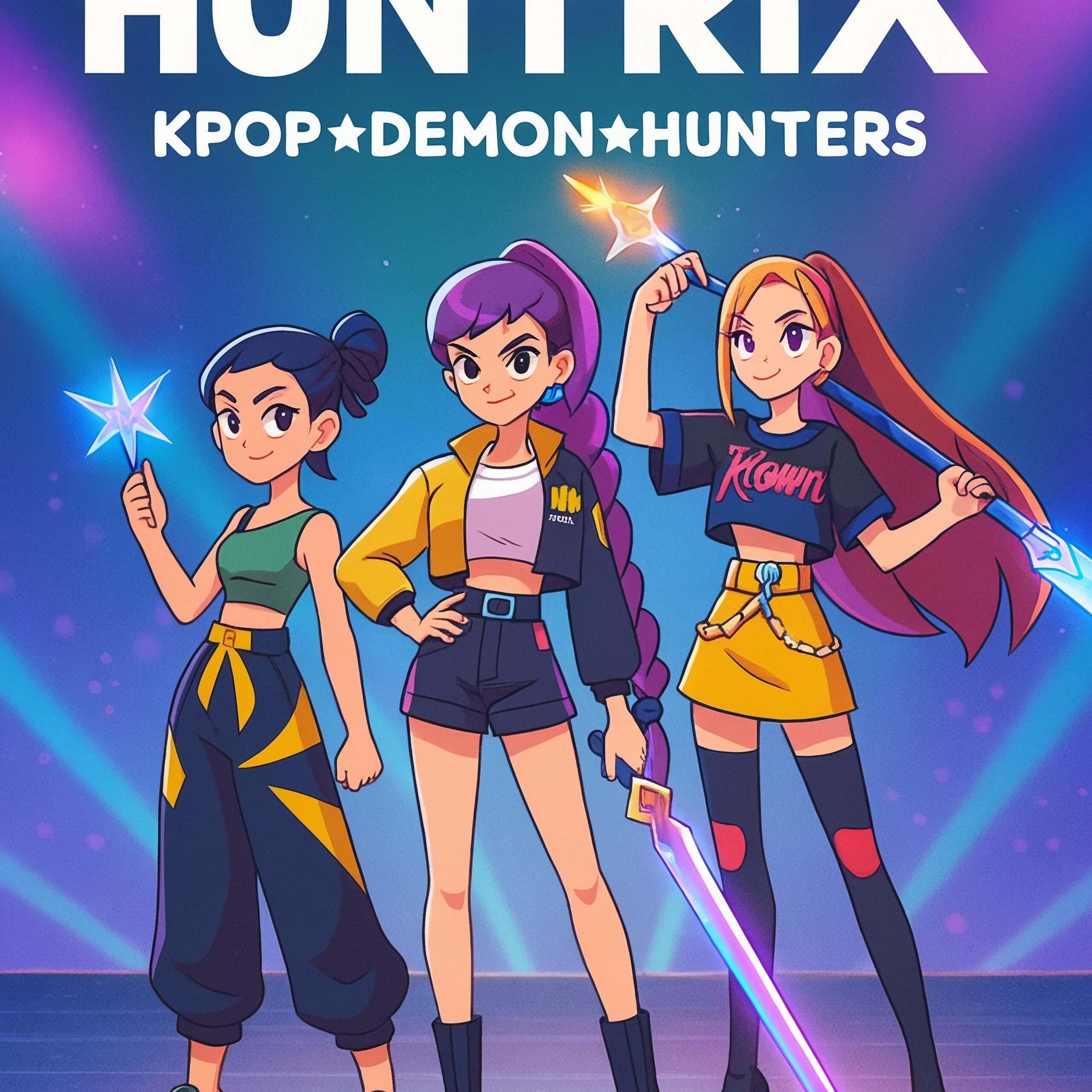 A colorful, stylized poster featuring three animated female characters standing on a stage with a vibrant background. They are dressed in casual…