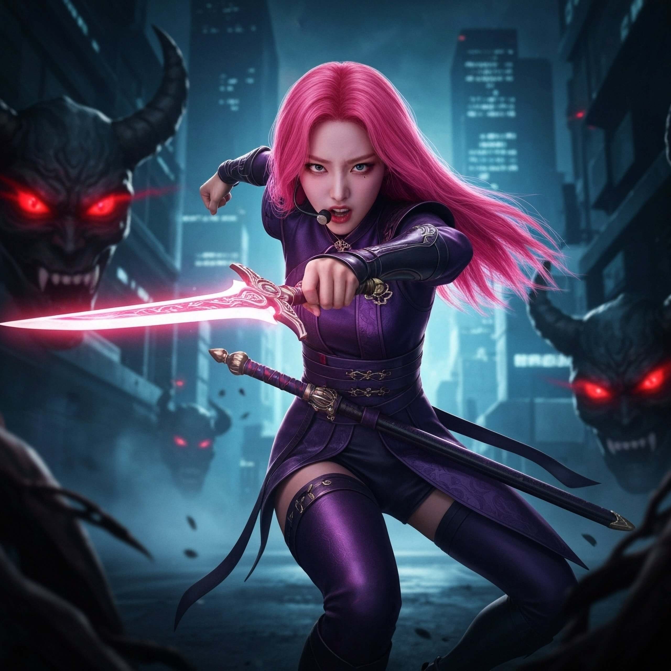 An image of a female character from the game "Overwatch". She has pink hair, is wearing a purple outfit, and is holding a sword. The background…