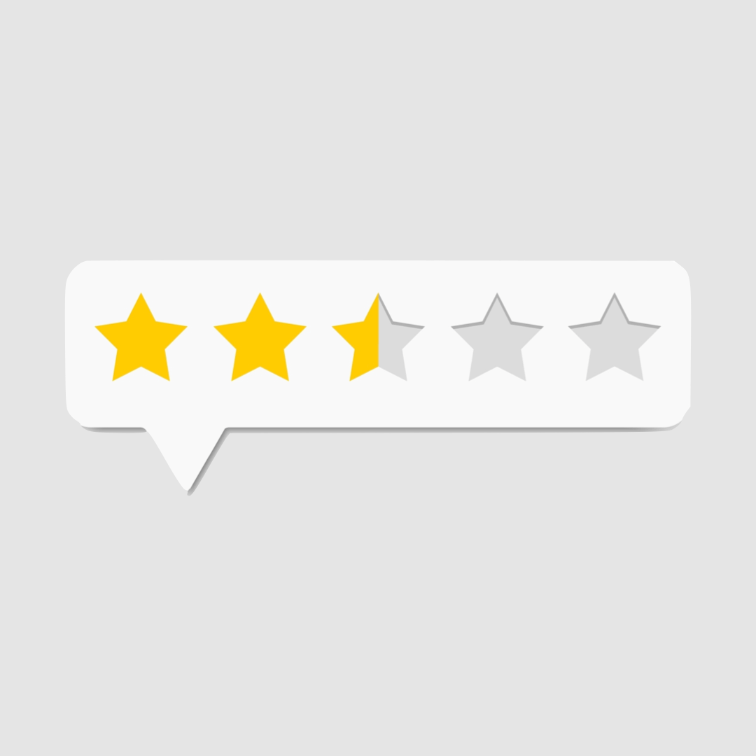 A white speech bubble containing five yellow stars, each representing a positive rating or review.