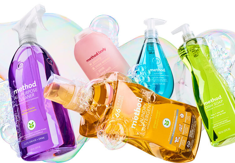 A collection of colorful bottles, possibly cleaning products, arranged in a visually appealing manner.
