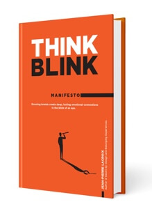 A book cover with the title "THINK BLINK" in large white letters on a red background, featuring an illustration of a person in silhouette against…