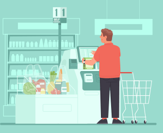 A person standing at a checkout counter in a grocery store, scanning items on the conveyor belt.