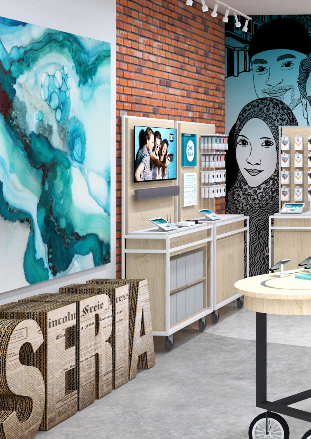 A store displaying various items such as paintings, a wall mural, and a sign that reads