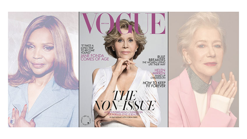 A collage of four magazine covers featuring women, each cover has different headlines and images.